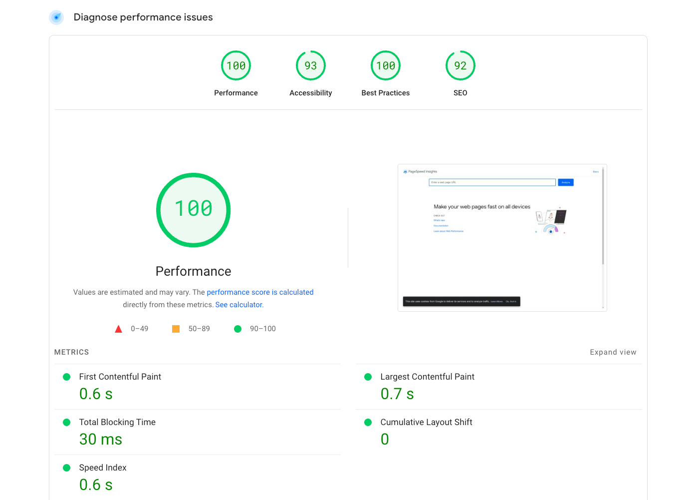 pagespeed insights performance score