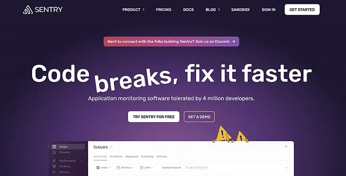 The Sentry homepage