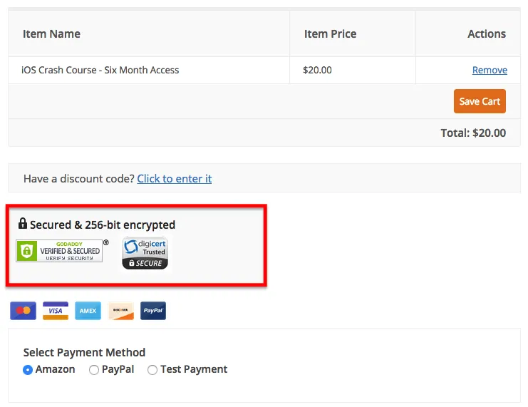 Trust badges on a checkout page