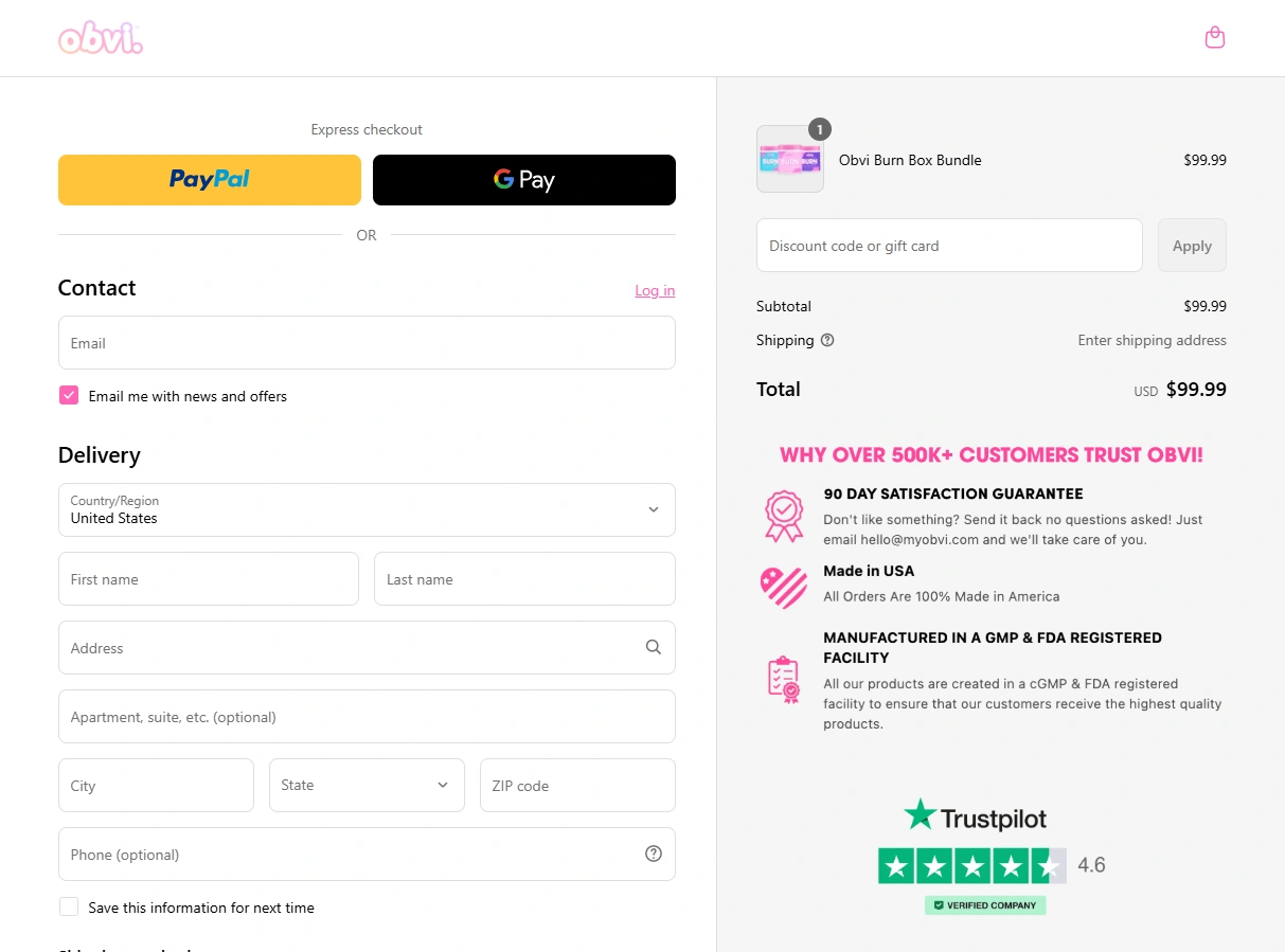 Obvi's Checkout page