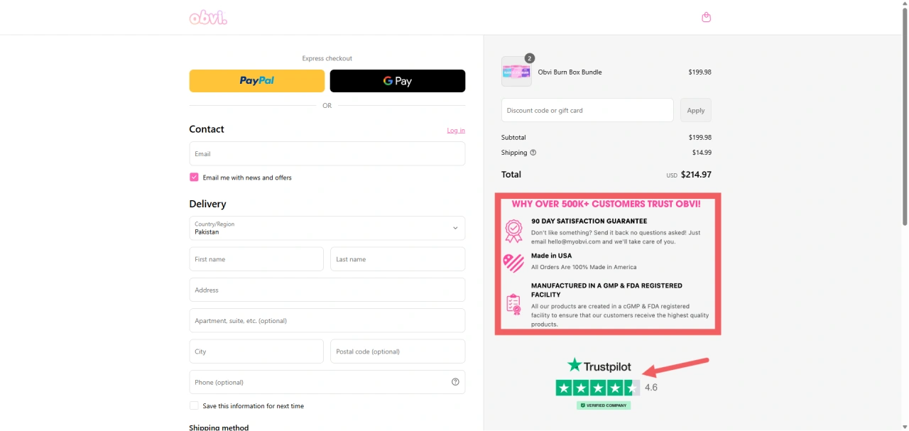 obvi checkout page